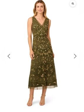 Adrianna Papell Olive Green Beaded V-Neck Midi Dress